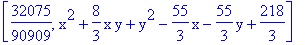 [32075/90909, x^2+8/3*x*y+y^2-55/3*x-55/3*y+218/3]